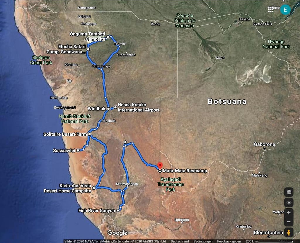 Tourenkarte Namibia 1024x831 - Roadtrip durch Namibia und Südafrika mit Jeep und Dachzelt. Teil 1